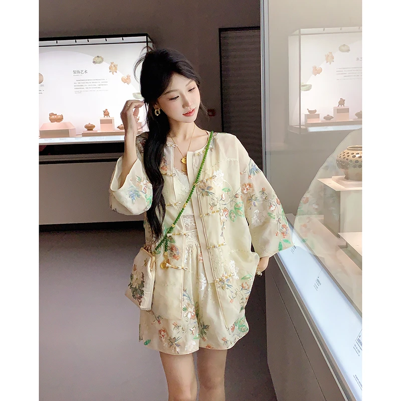 果果家【绿意繁花】新中式蕾丝薄款上衣2025女装夏季显瘦提花短裤