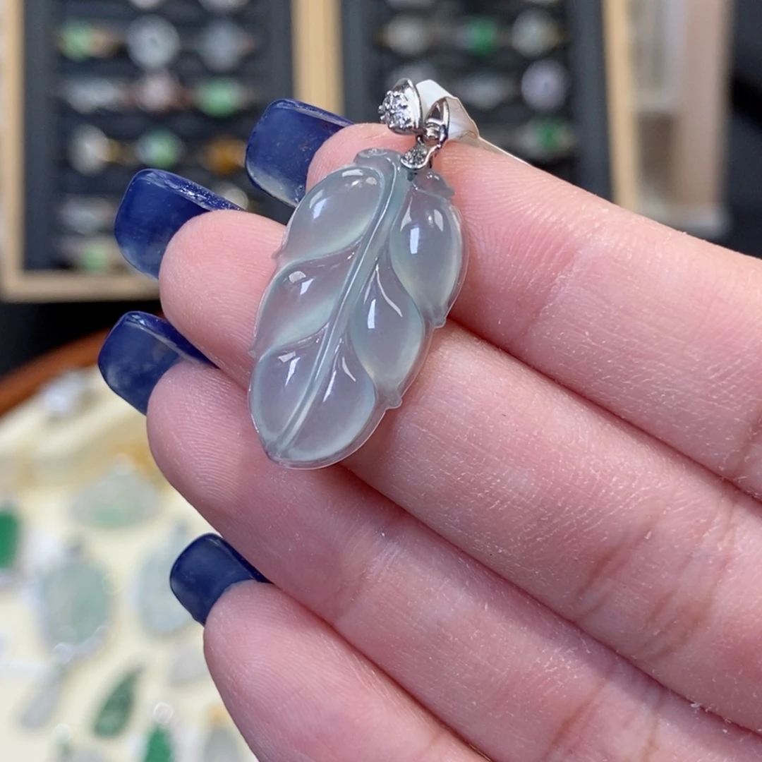 翡翠银S925镶嵌颈饰纯天然缅甸翡翠A货叶子