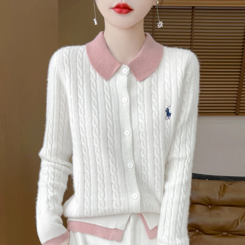 哥弟阿玛施正品2025秋季新款女士针织衫时尚翻领刺绣上衣纯色百搭