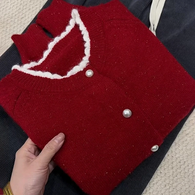 新年红色针织开衫女上衣2025春秋新款韩版时尚洋气亮丝宽松外套