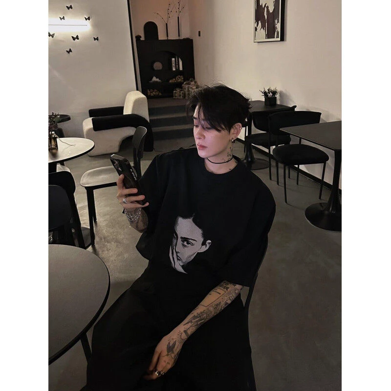 美式潮牌人物画像短袖男夏季高级感重磅t恤cleanfit痞帅百搭上衣