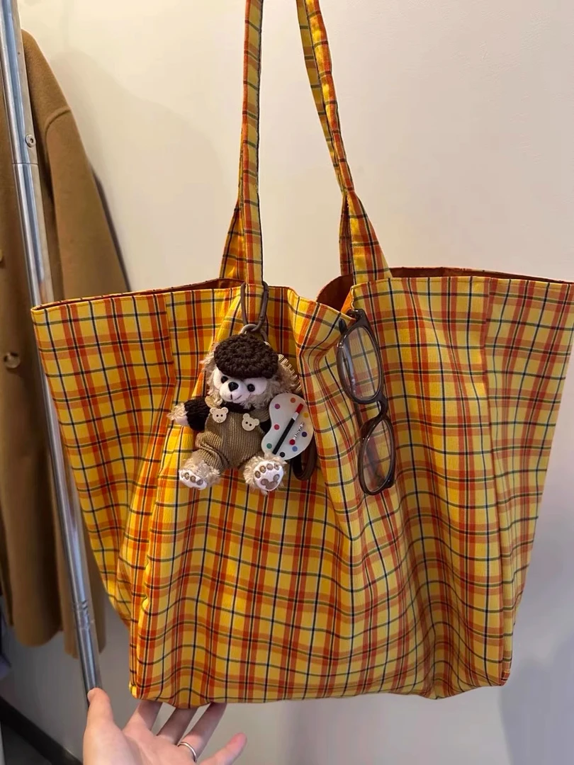 黄格纹帆布包复古托特包女大容量双面背单肩帆布袋通勤轻便布包
