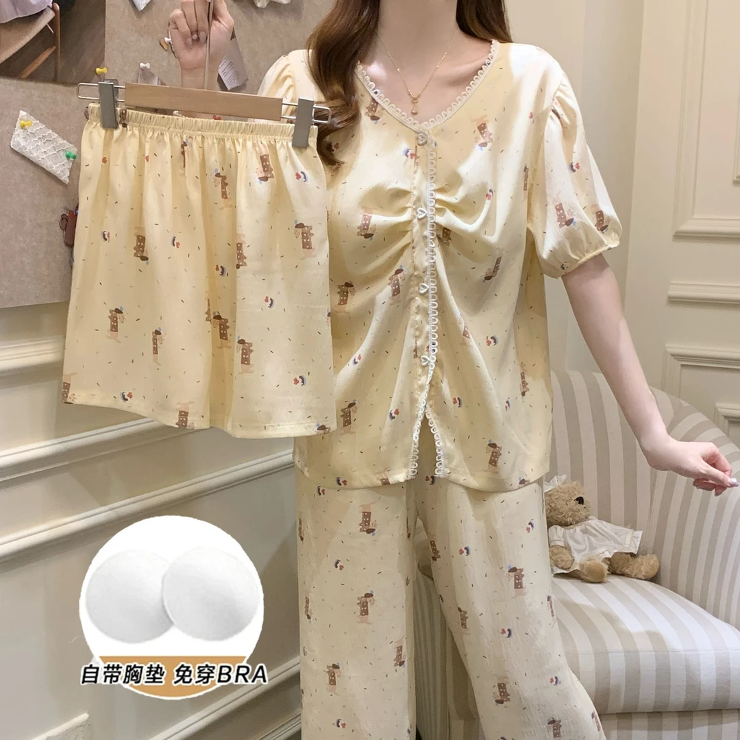 【芝士腊肠】夏季新款棉纱带胸垫短袖睡衣女三件套卡通休闲家居服薄