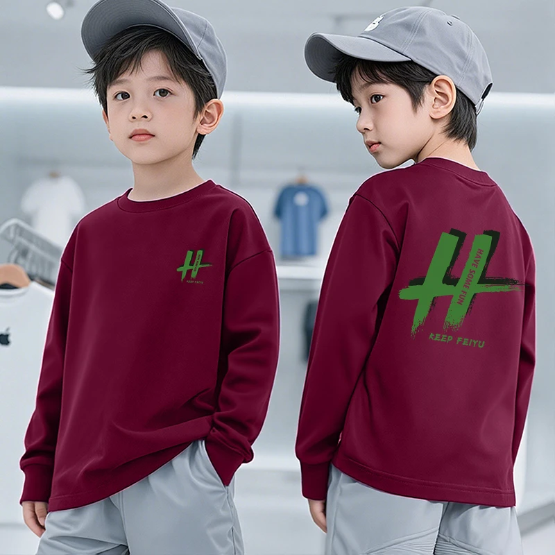 100%纯棉秋季男童T恤中大童长袖洋气上衣宽松圆领男孩酷帅打底衫