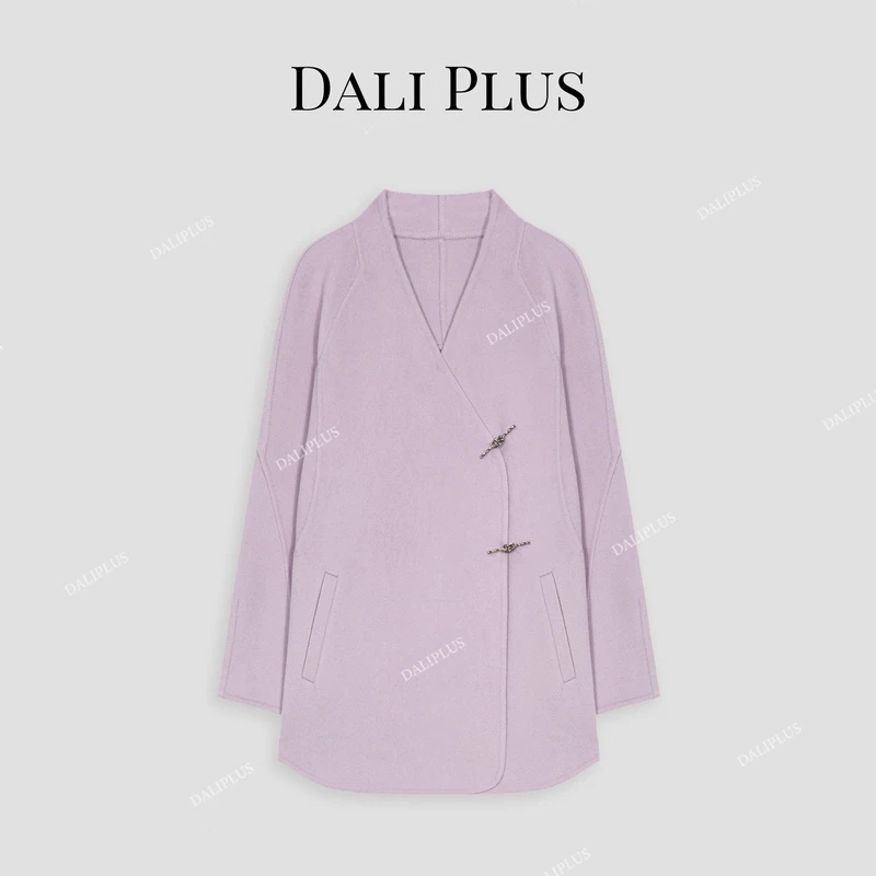 DALI PLUS【桑蚕丝羊.绒】紫色新中式竹子金属双面呢大衣-D4CK0035