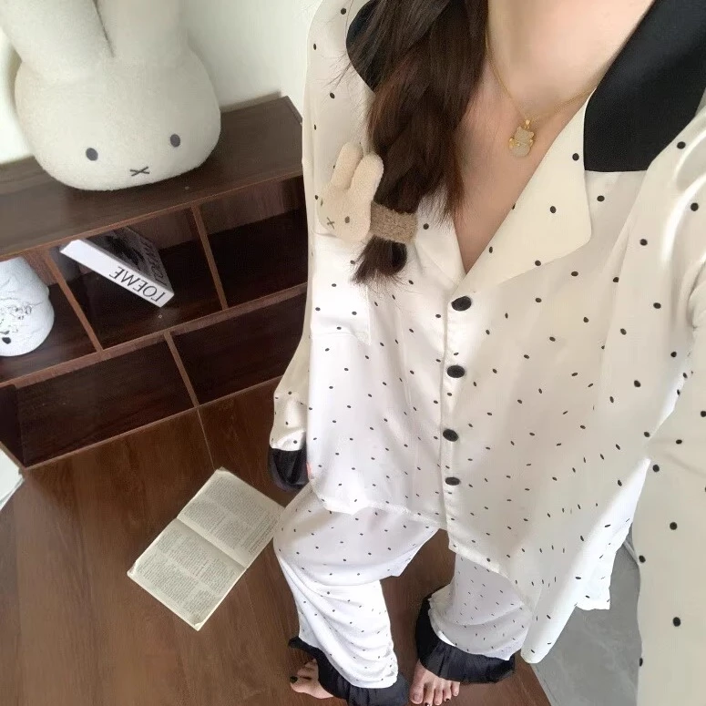 春秋款长袖超柔软冰丝睡衣女ins波点2025新款拼接秋季套装家居服