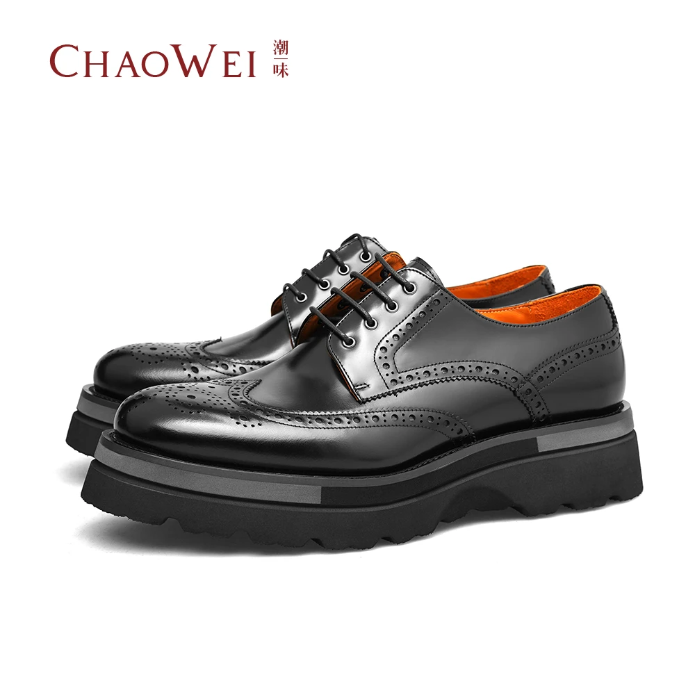 潮味新款圆头轻便厚底增高皮鞋时尚英伦痞雅布洛克雕花德比鞋B501