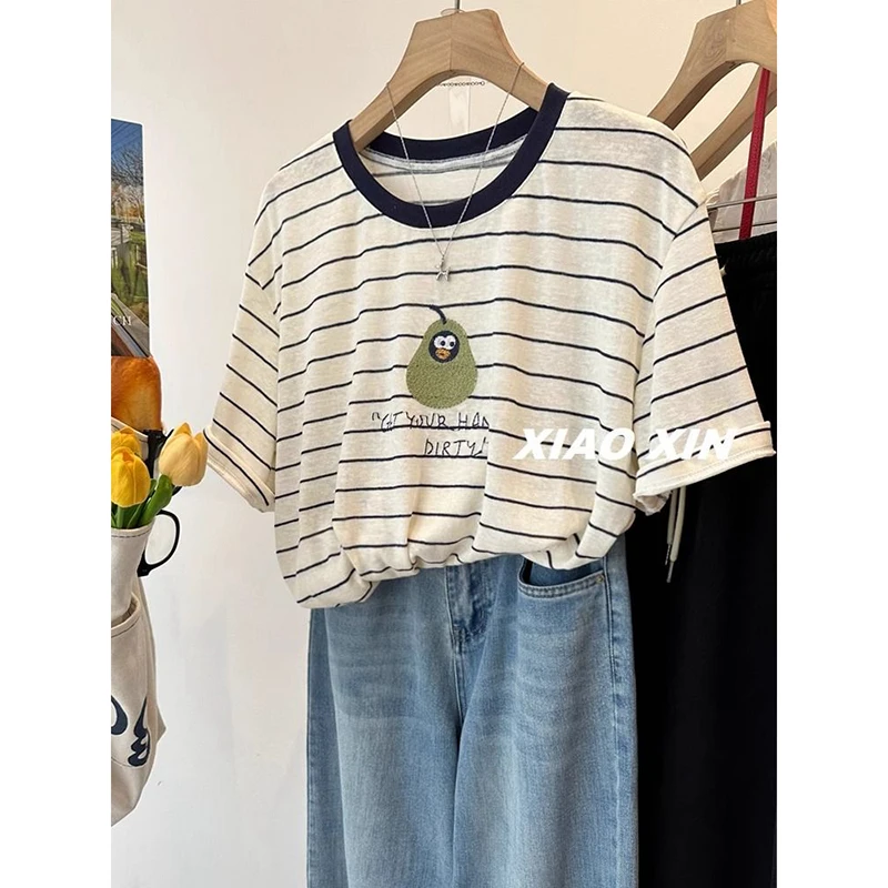 2025新款撞色条纹拼接刺绣短袖T恤女夏季爆款棉麻透气圆领上衣服