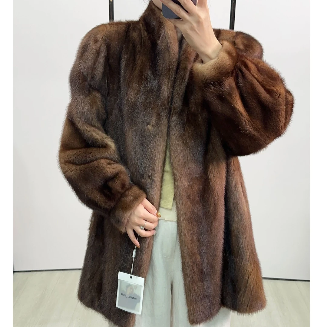 H105，XL，金棕色抽刀立领收口袖水貂外套