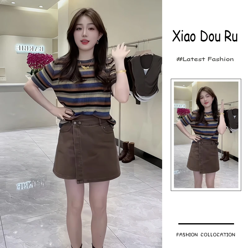 夏季流行穿搭一整套新款2025韩版显瘦减龄条纹短袖上衣短裙两件套