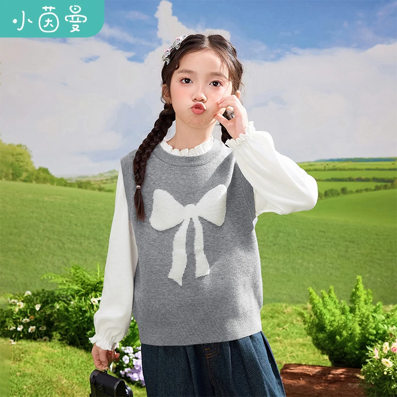 小茵曼女童毛衣马甲大蝴蝶结2025秋中大童女孩圆领上衣GO3851145