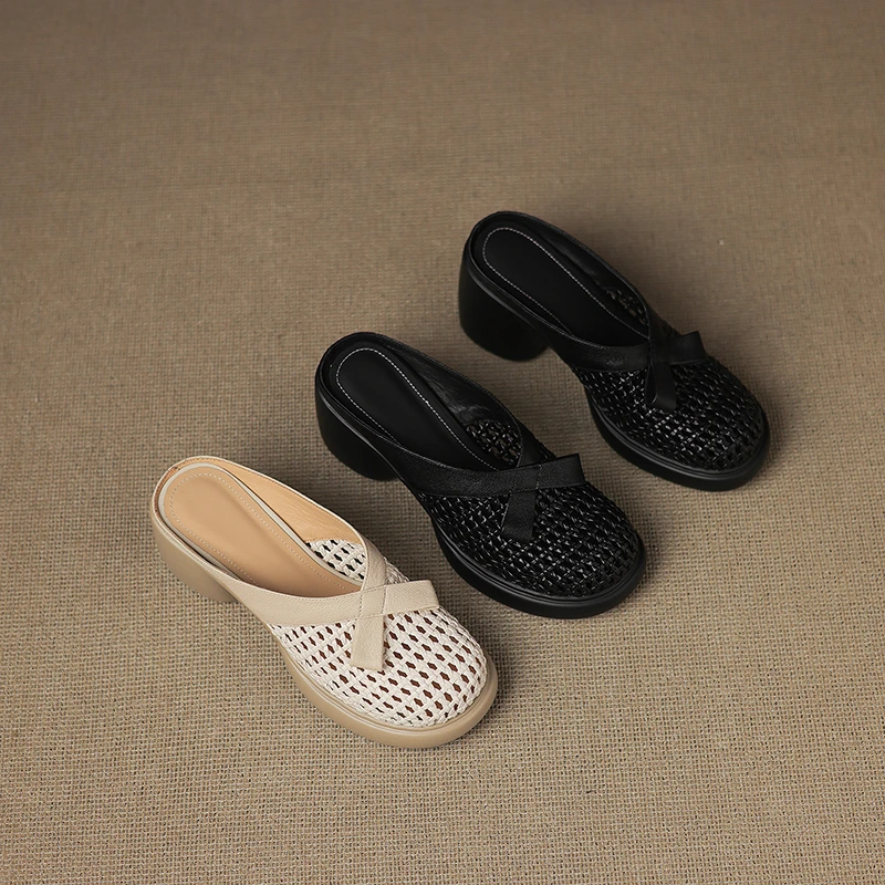 羊皮8公分/夏季法式厚底包头半拖鞋复古百搭蝴蝶结真皮高跟凉拖鞋