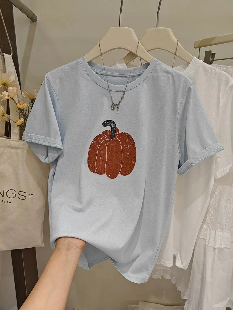 妮妮家96658夏季新款圆领减龄时尚百搭南瓜印花短袖