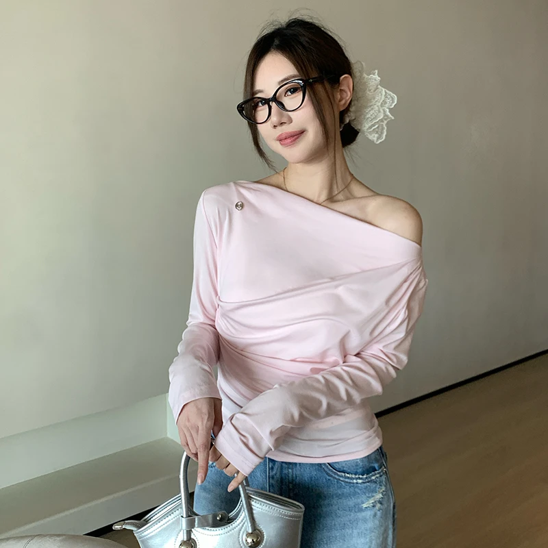 IMHM显瘦薄款天丝上衣不规则气质莱赛尔褶皱收腰修身长袖T恤女夏