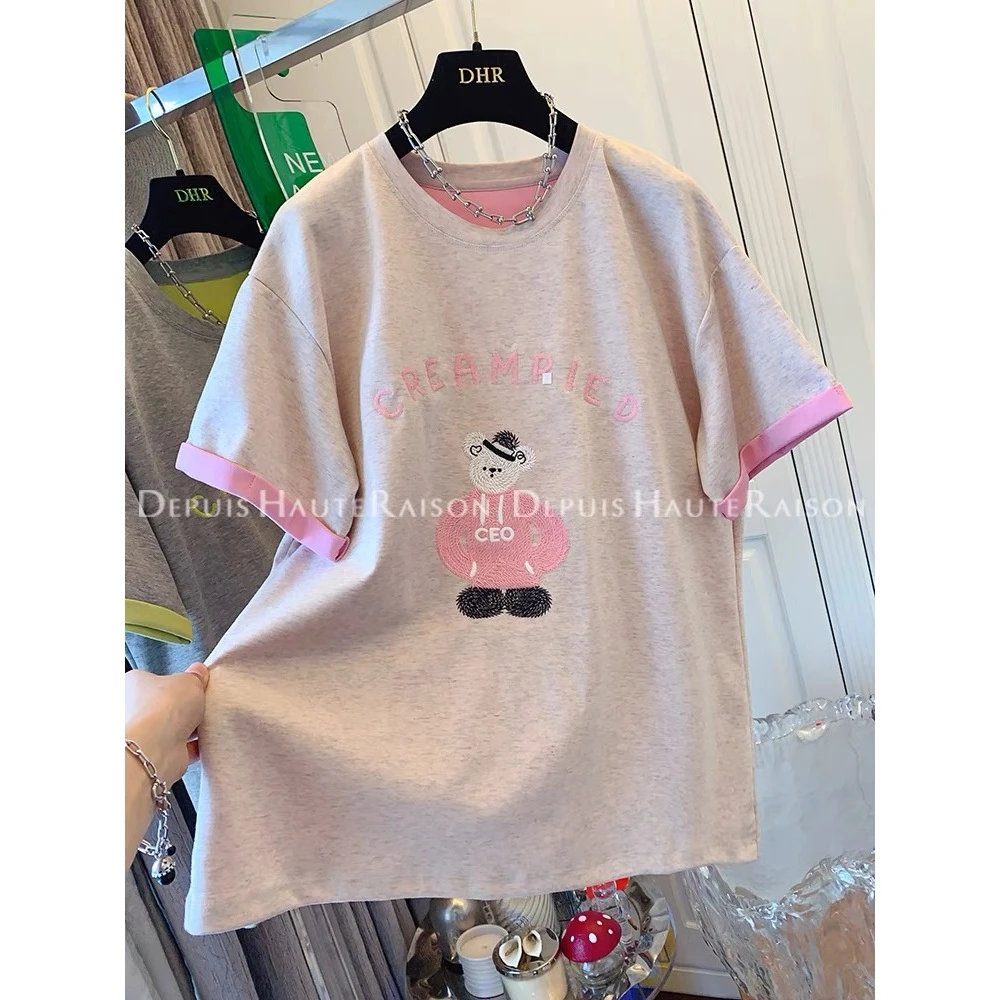 2025卡通趣味刺绣小熊圆领拼色T恤女2025夏季新款宽松休闲正肩短