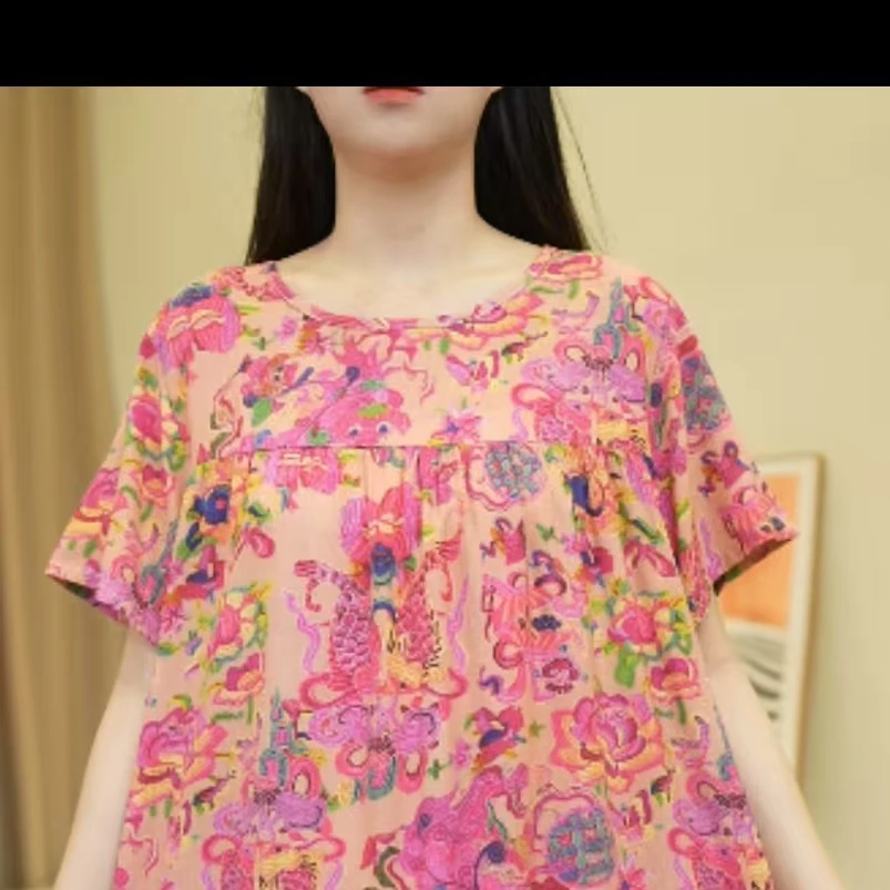 锦鲤——国风  2025新款 短袖人棉大码妈妈装中长款宽松绵绸时尚