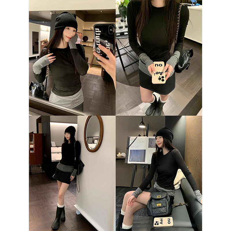 FOPJ韩版春秋长袖t恤内搭女打底衫洋气修身显瘦上衣气质高级感ins