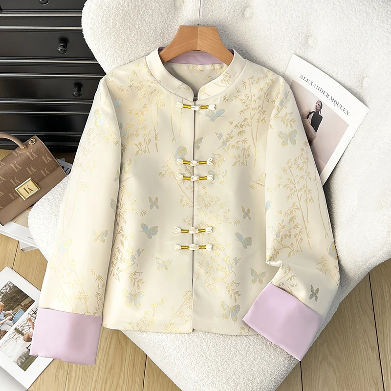 2025春秋新款中式国风女装提花洋气立领刺绣盘扣复古上衣高档外套