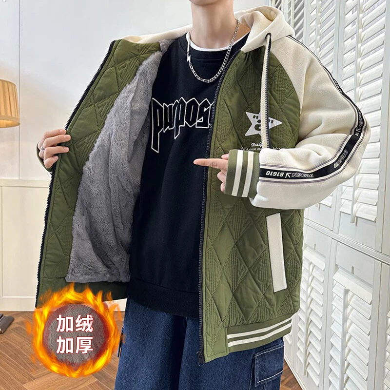 冬季新款青少年学生百搭棉服外套加绒加厚连帽奥粒绒港风学生休闲