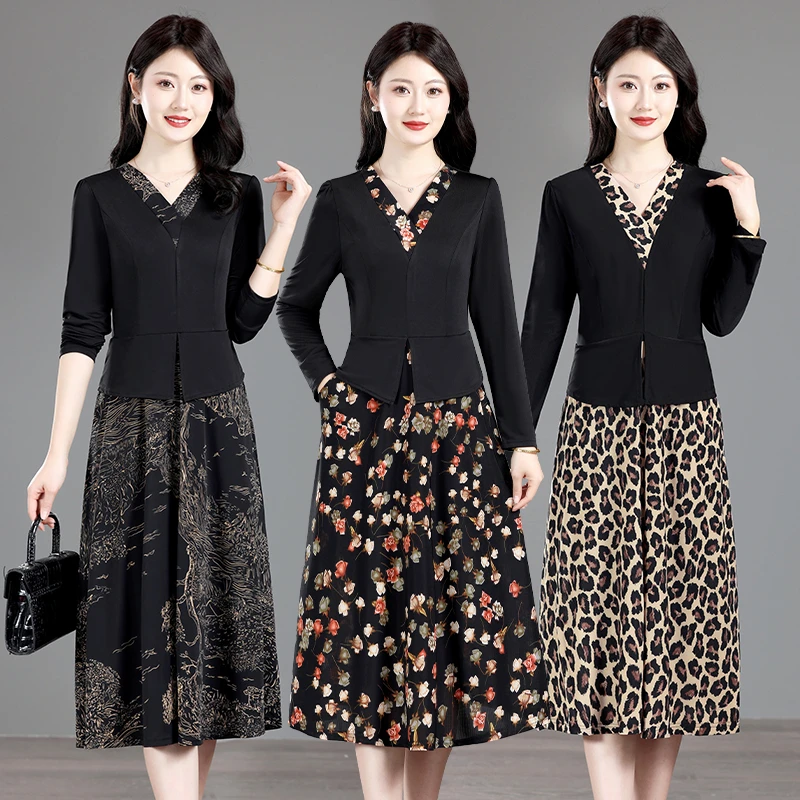 气质妈妈装中长款挂脖式长袖中老年春秋修身连衣裙碎花女装V领
