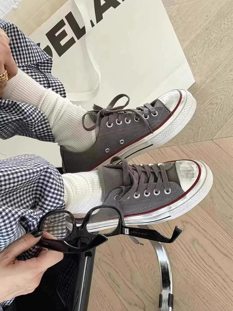 诗歌兰厚底帆布鞋女2025新款韩版真皮做旧百搭运动休闲板鞋887-12