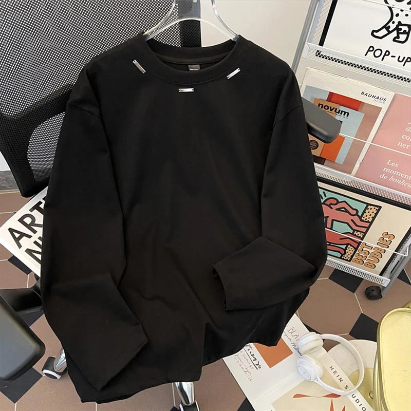 【TQUX港奢男装】夏季长袖T恤男圆领纯色百搭设计感休闲 潮牌内搭