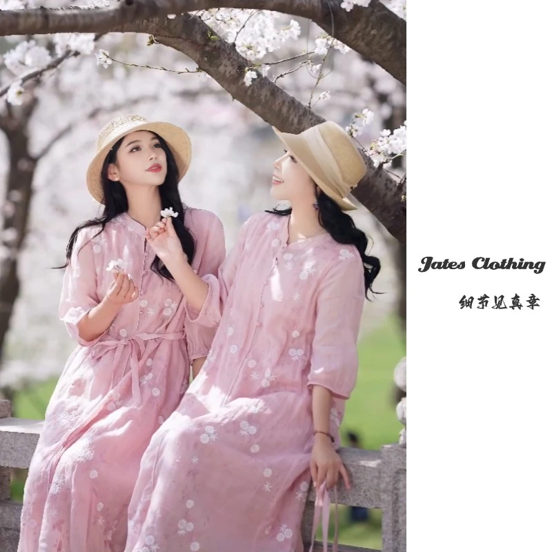 Q1512#纯苎麻夏季新品满绣加长新中式宽松版显气质显瘦长款连衣裙