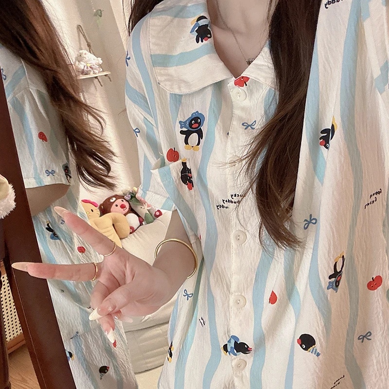 韩版三件套ins企鹅很忙睡衣女夏款泡泡棉短袖短裤长裤学生家居服