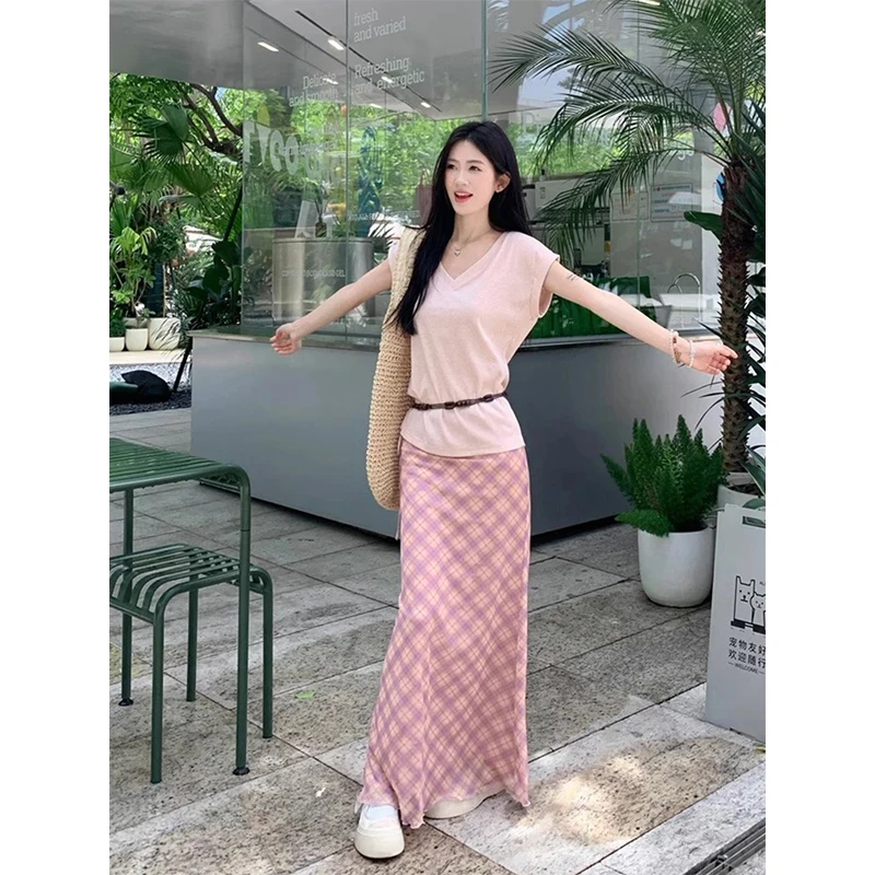 夏季新款甜美温柔风套装女法式慵懒感V领短袖T恤格子半身裙两件套