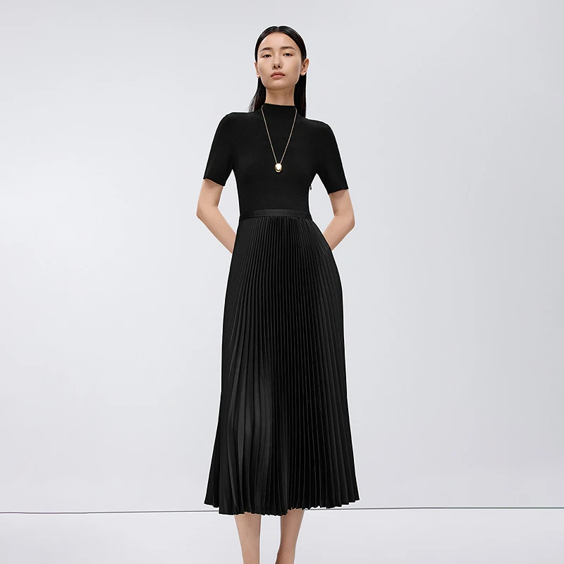 【商场同款】Y 2025春新款高级感百褶裙拼接连衣裙短袖简约气质裙子