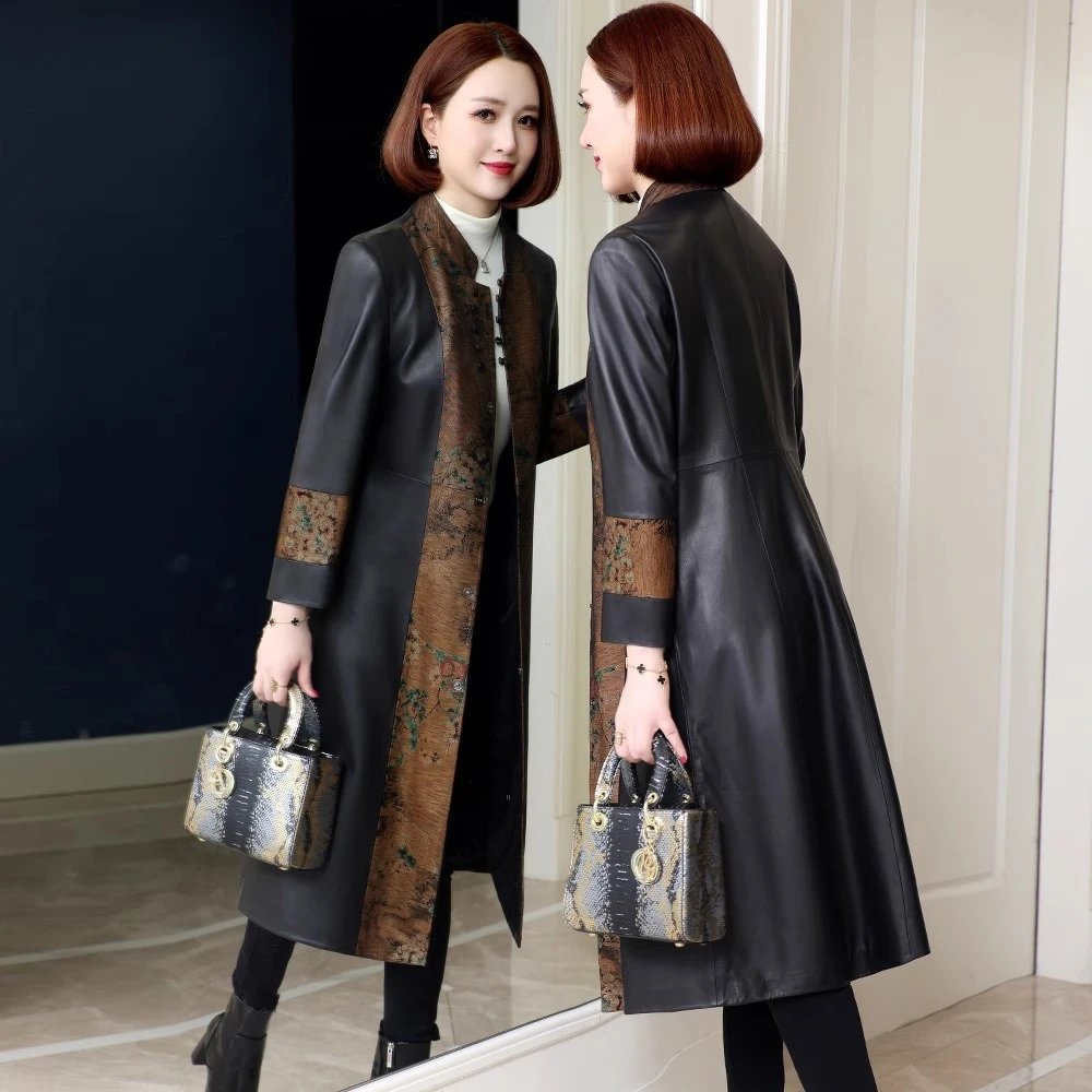 海宁真皮女2025春秋新款修身时尚妈妈纯绵羊皮中长款款外套皮衣