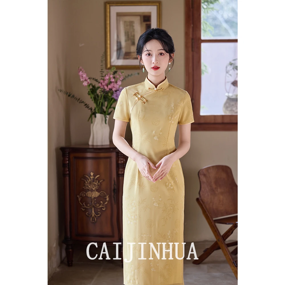 黄色旗袍女大学生连衣裙新中式苏州中国风日常订婚礼服女微胖女生