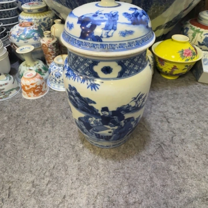 白***龙盘陶瓷工艺品摆件青花竹林七贤盖罐