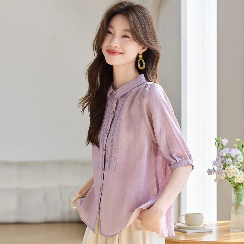 苎麻衬衫女2025新款短袖大码宽松薄款妈妈夏装高端洋气上衣小衫潮