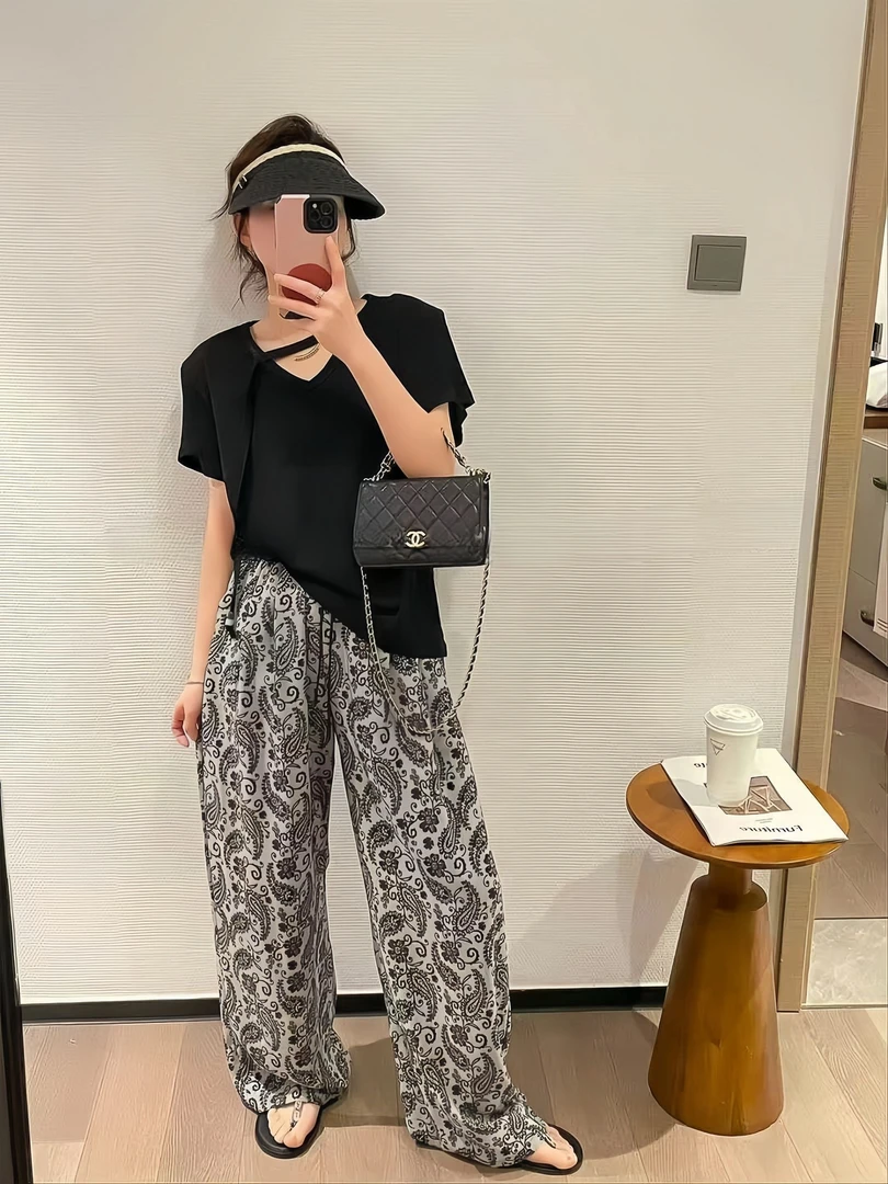 2025夏季新款高端欧货复古腰果印花女士直筒裤9716