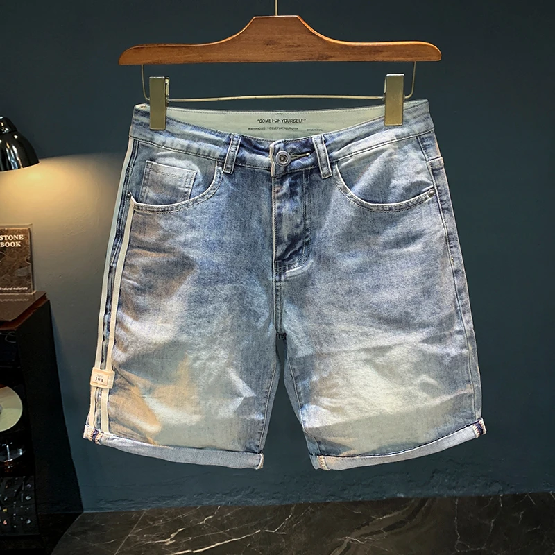 夏季牛仔短裤男士潮流磨白做旧水洗五分直筒裤薄款牛仔布休闲中裤