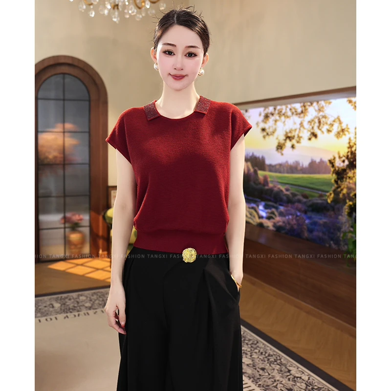 现货2025新款【7280】轻奢时尚洋气冰感含绵羊毛红色烫钻圆领上衣女