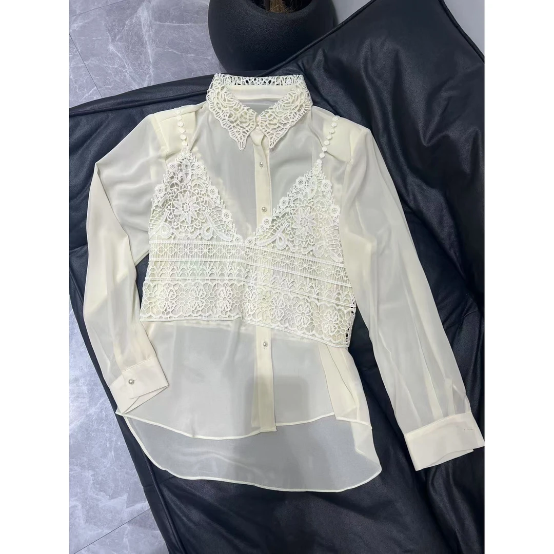 【晨浠定制】新款高级感钩花背心衬衫两件套9966