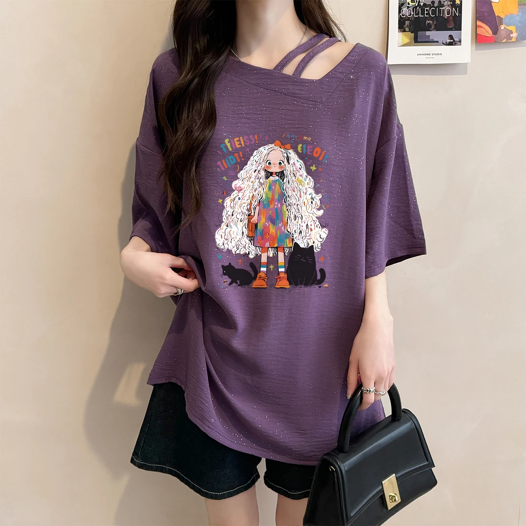 亮闪闪斜领短袖T恤女夏季爆款韩版时尚百搭宽松中长款卡通上衣ins