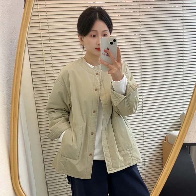 简约高级感圆领棉服女秋冬季日系休闲宽松慵懒风棉衣保暖夹棉外套