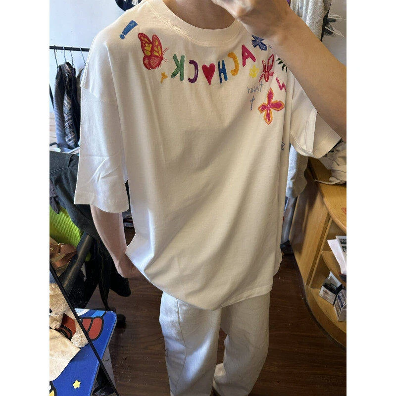 2025新款男士短袖T恤美式潮牌情侣装夏季上衣重磅百搭休闲五分袖