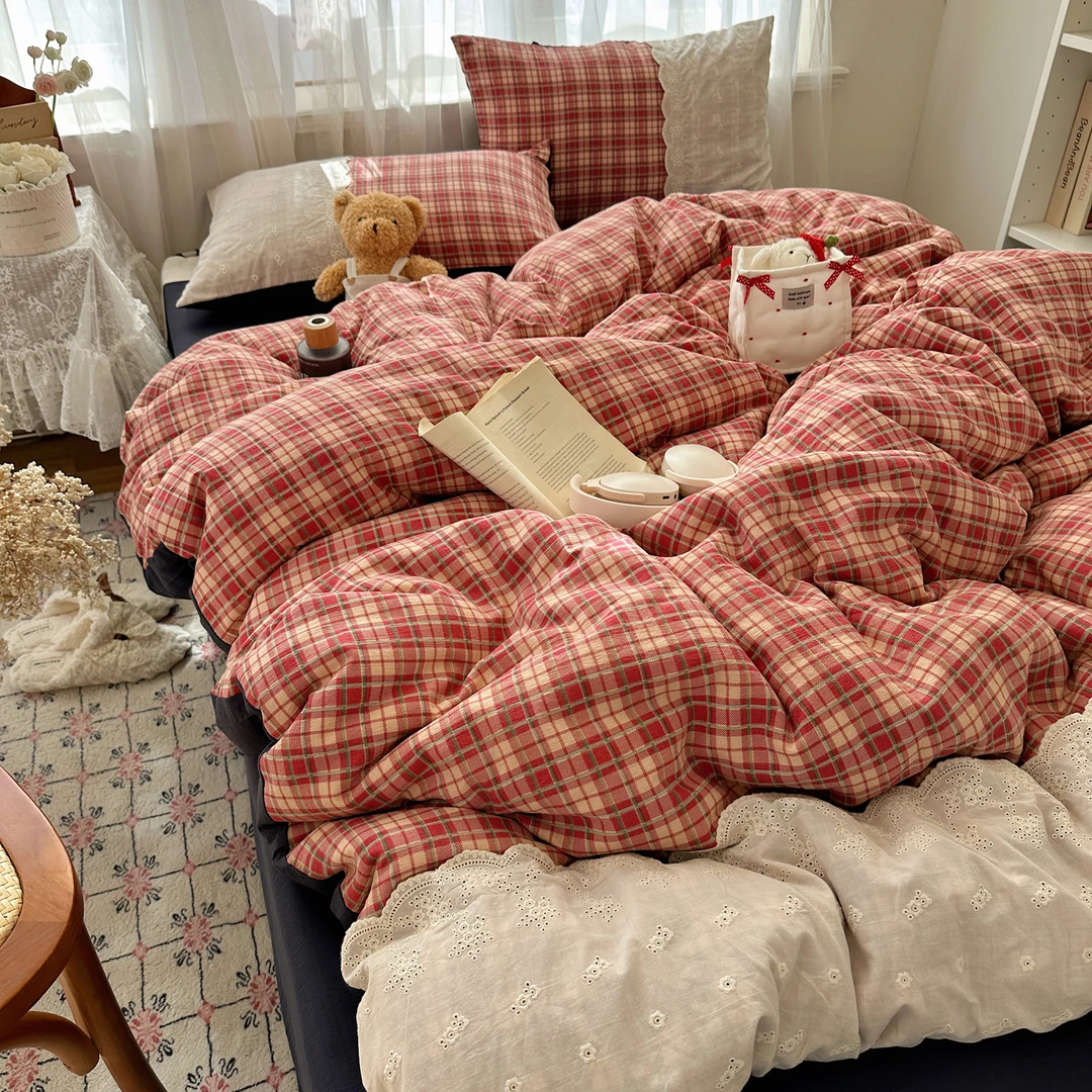 双层纱韩系ins复古蕾丝边格纹花边云感纱四件套719爱岛少女