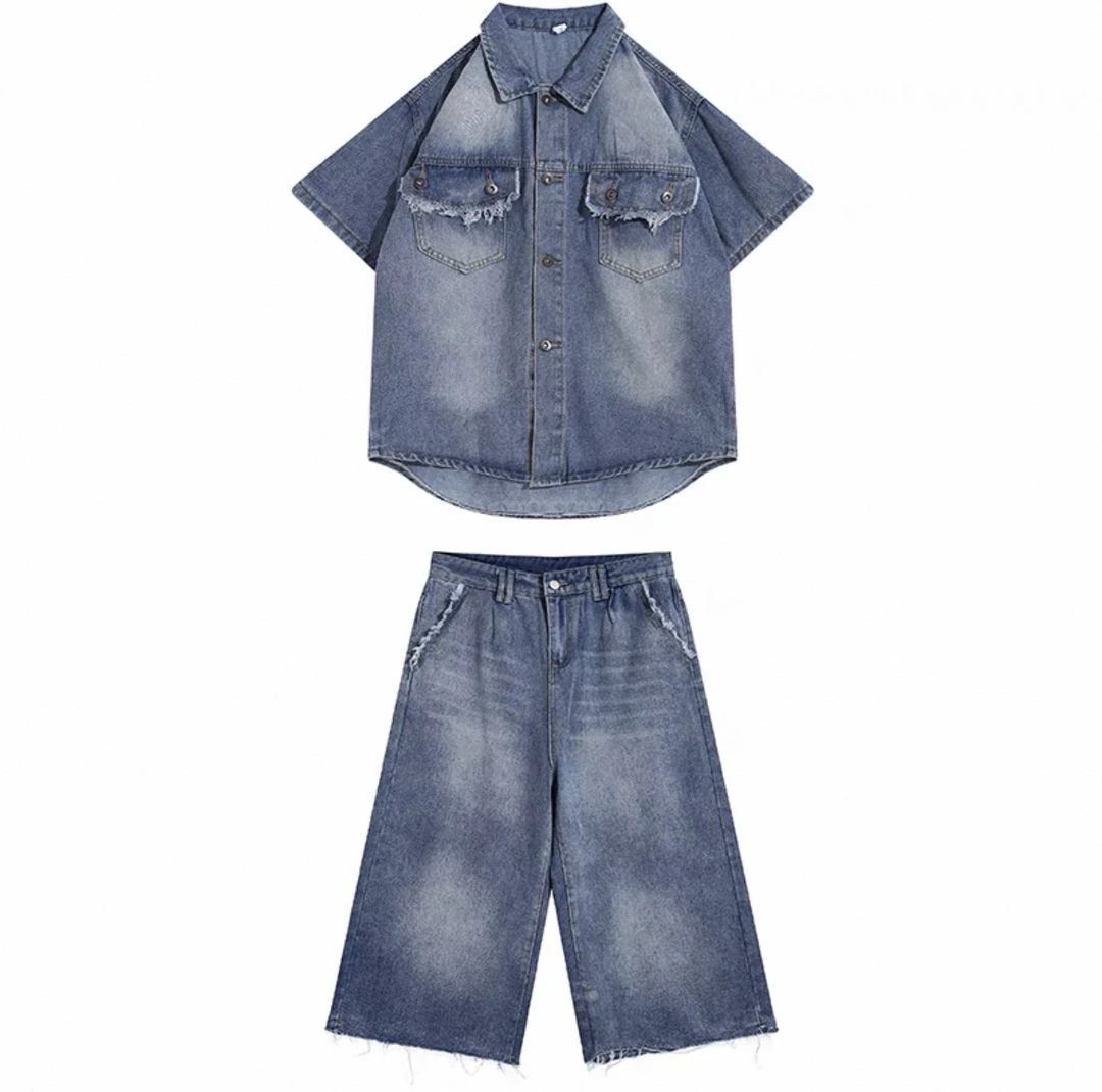 【十一专属】美式水洗垫肩牛仔夹克设计感毛边哈伦裤百搭男女套装