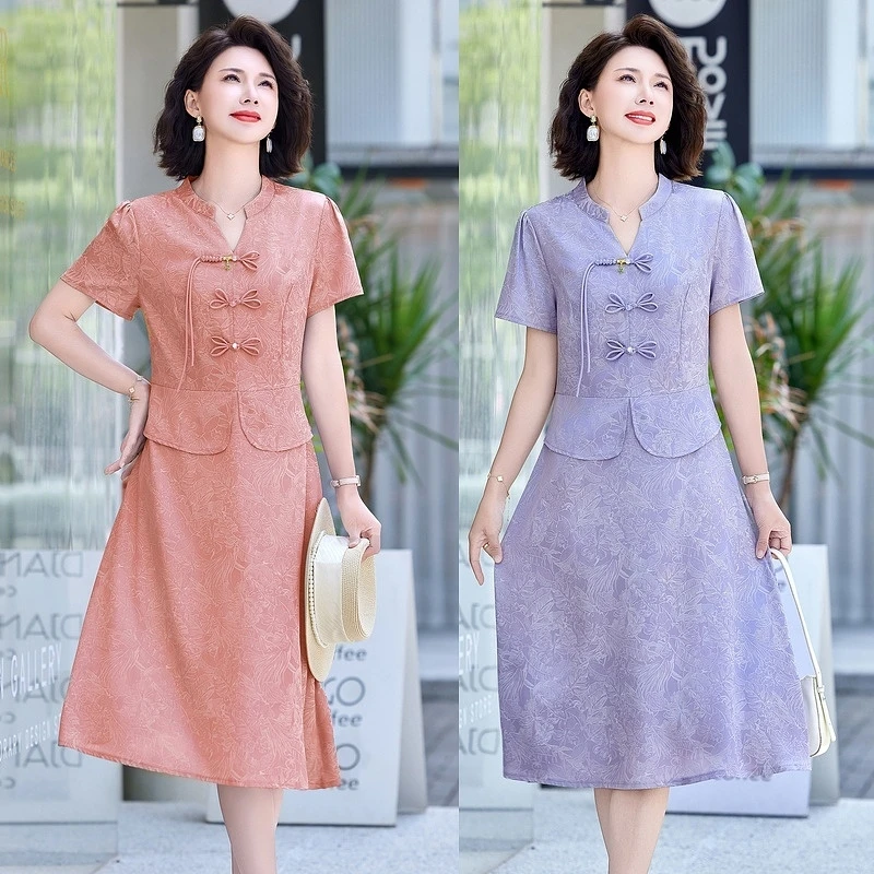 妈妈夏装改良旗袍连衣裙假两件中老年女夏季新款气质国风裙子洋气