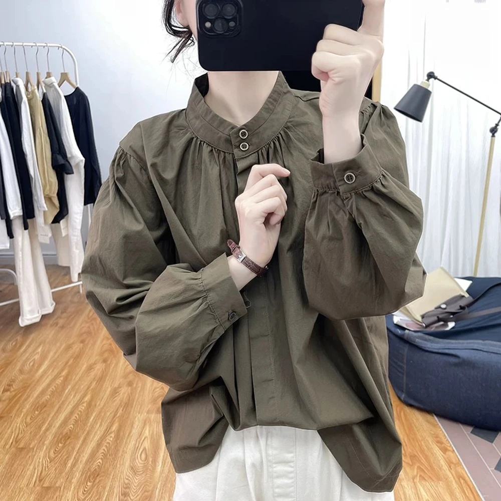 复古立领小黑扣衬衫女春秋新款高级感减龄宽松洋气长袖打底上衣潮