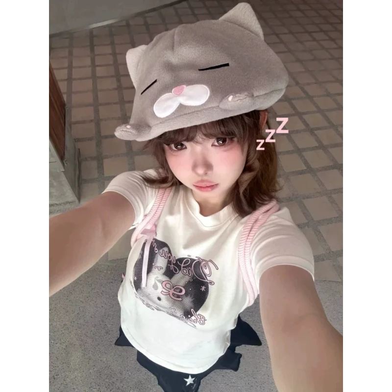 2025秋冬新款~可爱慵懒瞌睡小猫毛绒小爪耳朵贝雷帽女百搭显脸小