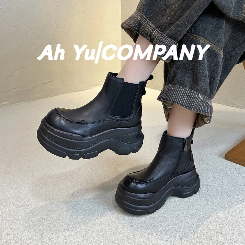 头层牛皮厚底增高切尔西短靴子女2025新款松糕低筒矮靴真皮烟筒靴