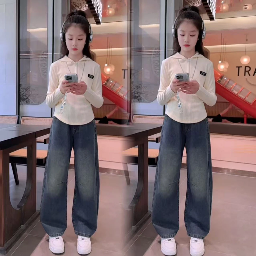 女童新款套装2025秋季新款时尚百搭帽衫中大童牛仔弯刀裤两件套潮