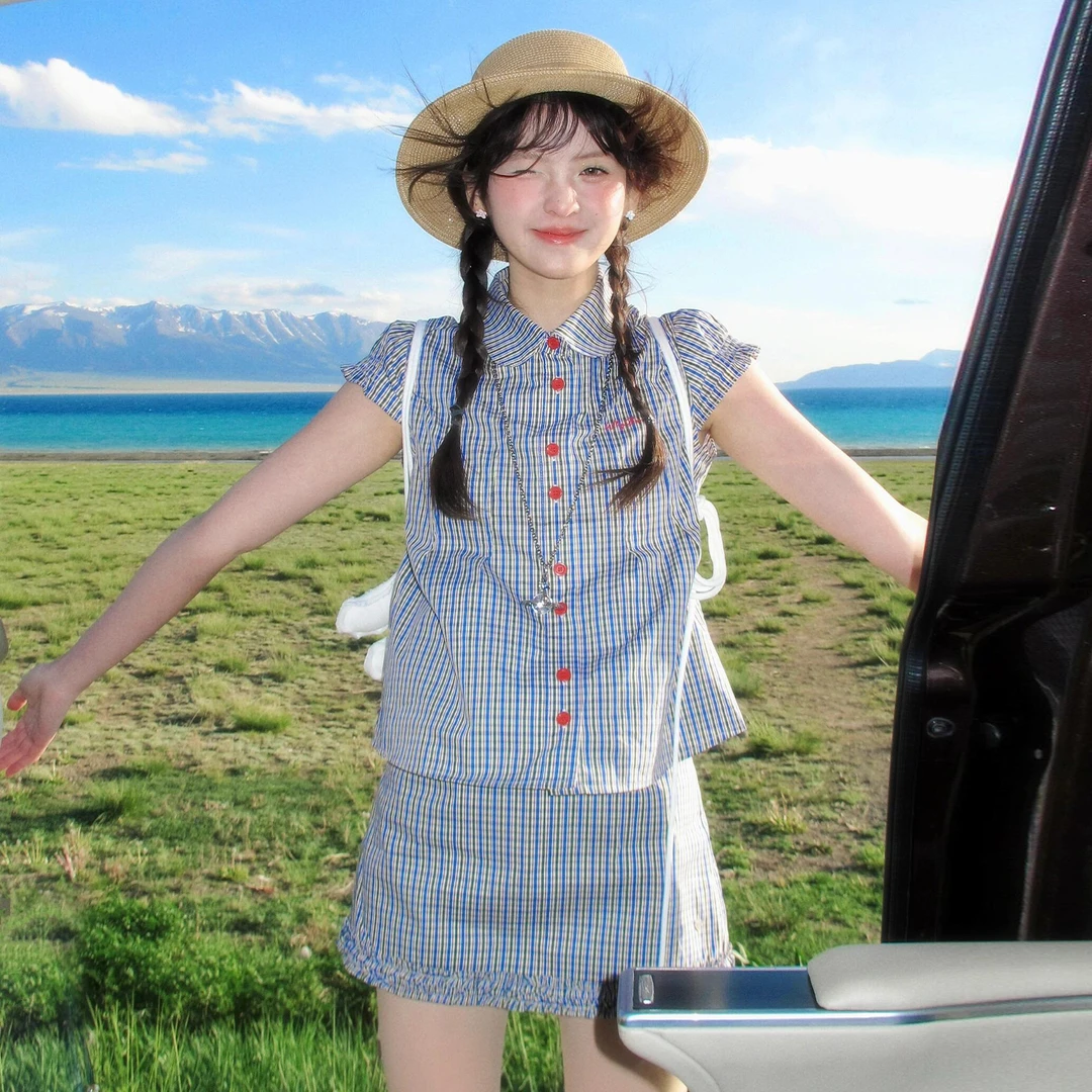 4460【金拐子专属】韩系格子小飞袖衬衫连衣裙女绝美学院风套装短裙