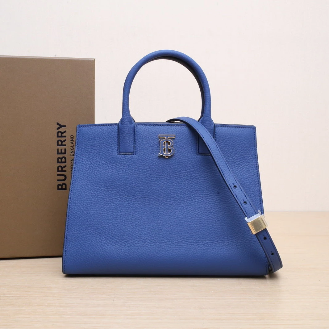 99新 BURBERRY/博柏利 【娇】蓝色 皮革C 金扣TB标识手提包 499918